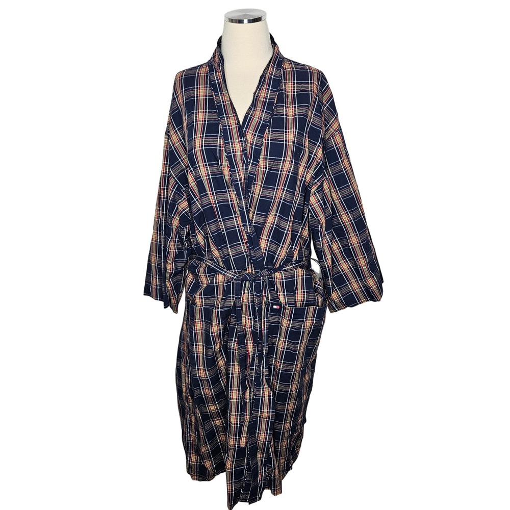 Tommy Hilfiger Mens Plaid Cotton Robe Navy Blue Red Tartan One Size Vintage